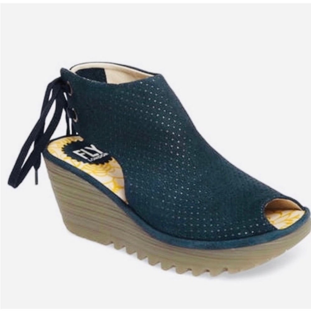 FLY London Ypul Wedge Sandals Cupido Reef Green Leather EU 36 US 5.5-6